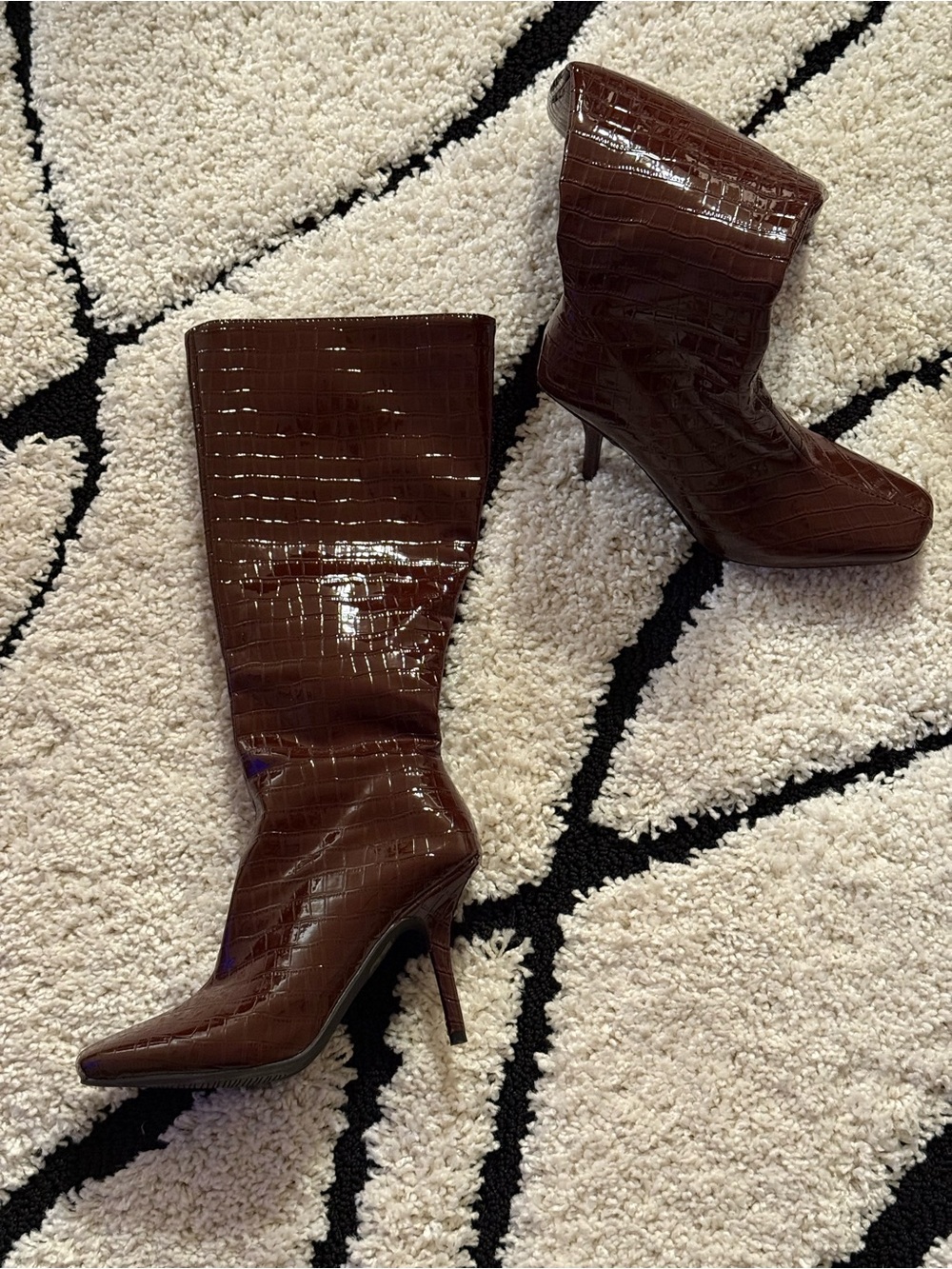 Burgundy Croc-Embossed Pointed-Toe Boots